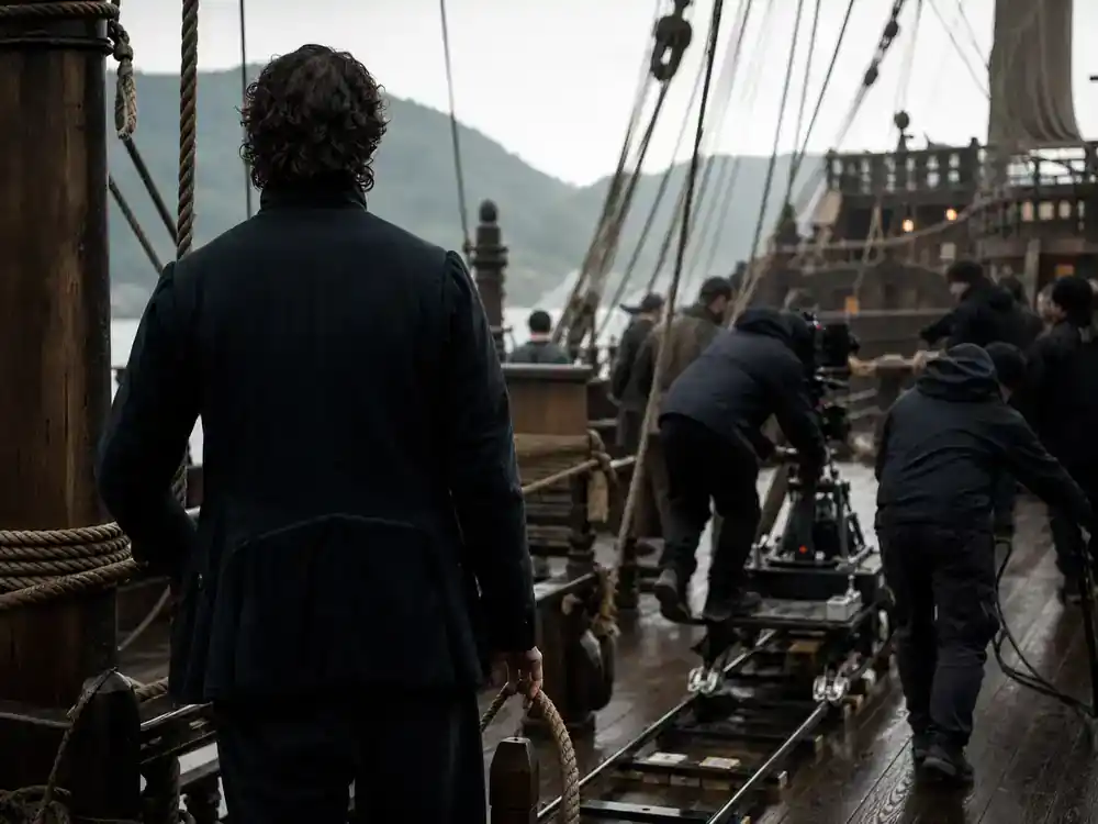 Shogun FX cast and characters guide Blackthorne — European sailor actor silhouette from behind on period ship deck TV drama set with ropes and camera dolly