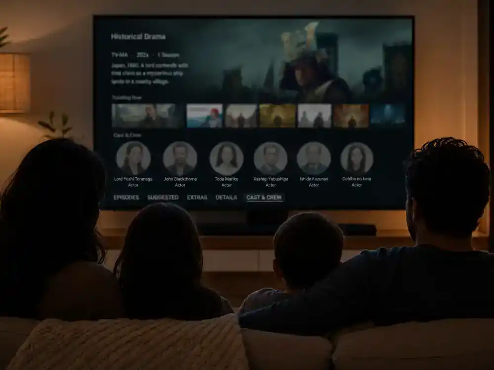Shogun FX cast and characters guide FX Hulu — family silhouettes watching historical TV drama on living room flat screen with generic blurred streaming interface