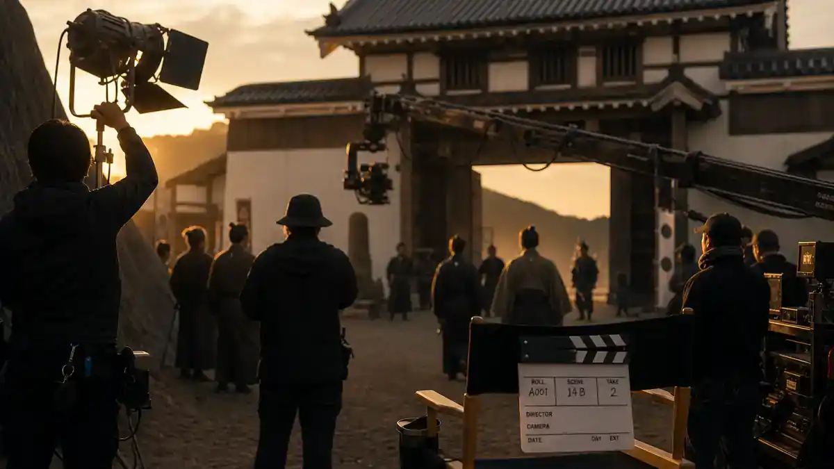 Shogun FX cast and characters guide — Japanese period TV drama film set at golden hour with camera crane clapperboard and crew silhouettes on castle gate soundstage