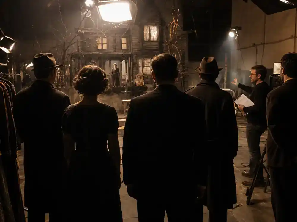 Sinners movie cast and Ryan Coogler guide ensemble cast — performer silhouettes from behind on horror soundstage with period wardrobe racks