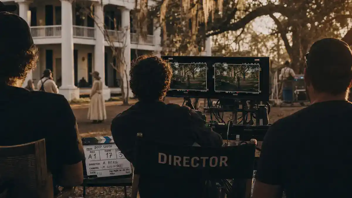 Sinners movie cast and Ryan Coogler guide — period horror film crew on Southern Gothic set with clapperboard and director chairs, editorial production reference