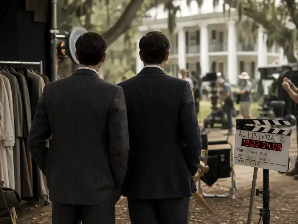 Sinners movie cast and Ryan Coogler guide twin brothers — two actor silhouettes from behind in matching 1930s suits rehearsing on period film set