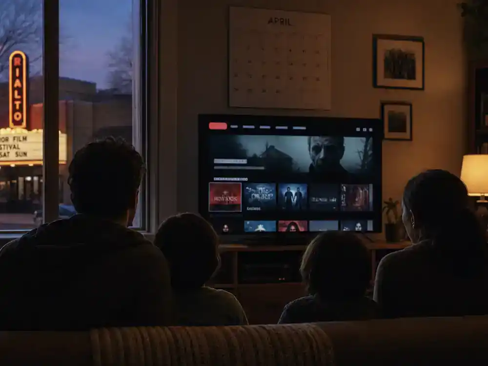 Sinners movie cast and Ryan Coogler guide release — family silhouettes watching horror film on living room TV from behind with April calendar visible