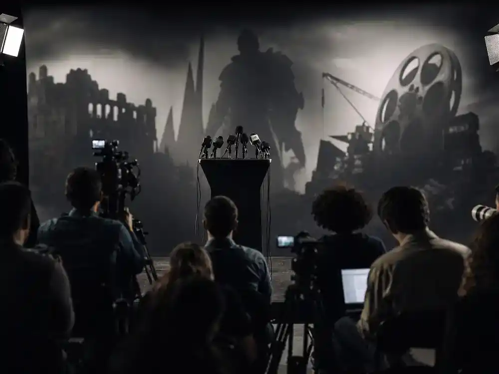 Snow White 2026 movie cast and controversy explained media scrutiny — press conference podium from behind with journalist camera silhouettes in audience