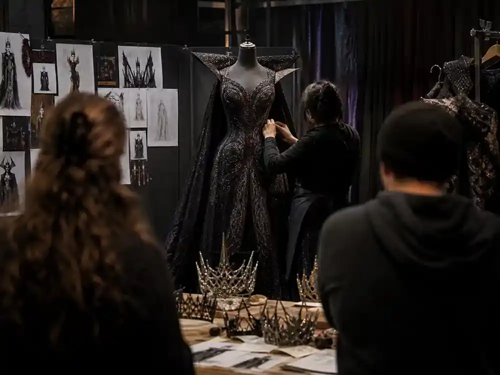 Snow White 2026 movie cast and controversy explained Evil Queen — dark queen gown on mannequin in wardrobe department with crown props on film set