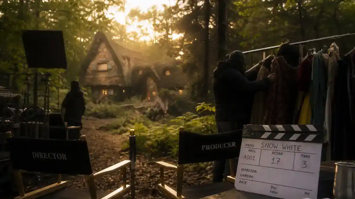 Snow White 2026 movie cast and controversy explained — live-action fairy tale film crew on forest set with clapperboard and director chairs, editorial production reference
