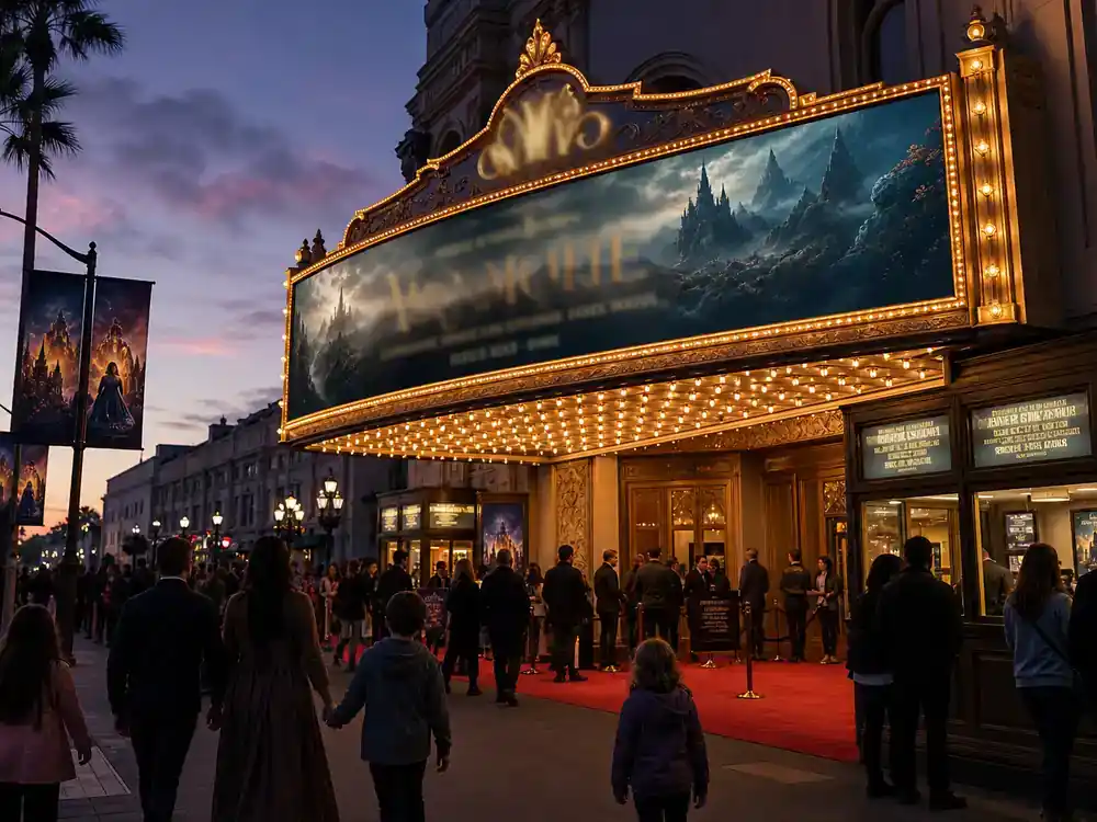 Snow White 2026 movie cast and controversy explained release — theater marquee at dusk with ticket-buyer silhouettes at evening box office