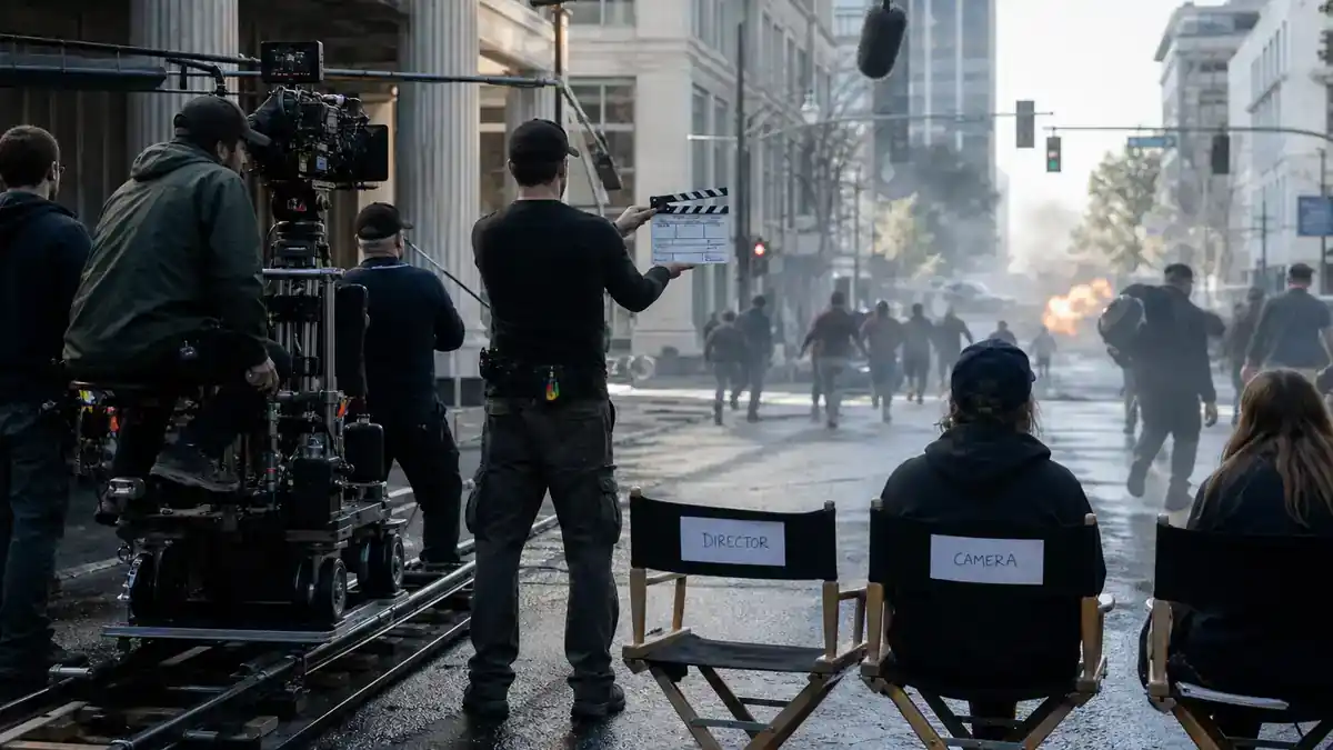Spider-Man Brand New Day cast and characters guide — Hollywood action film crew on city street with clapperboard and director chairs, editorial production reference