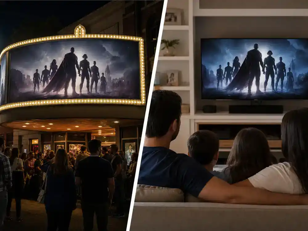 Spider-Man Brand New Day cast and characters guide release — family watching blockbuster on living room TV from behind, theater marquee outside window