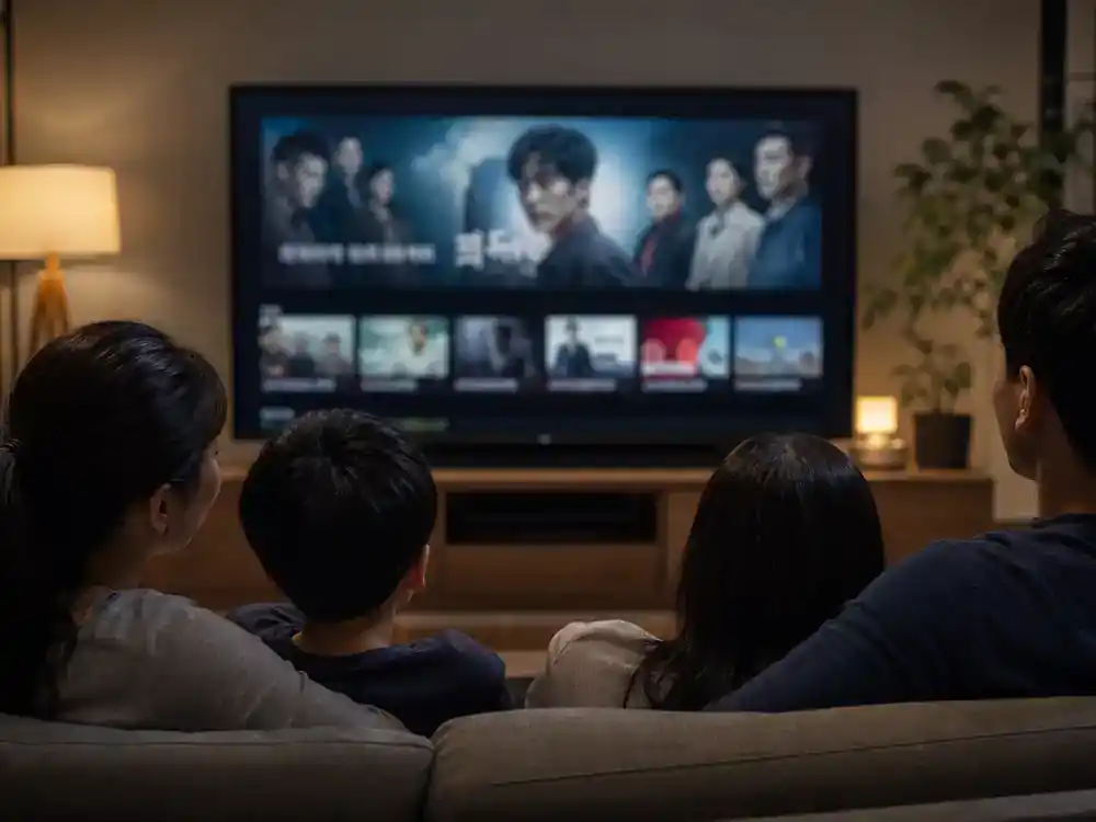 Squid Game cast and characters explained Netflix — family silhouettes watching Korean thriller TV on living room screen with generic blurred streaming interface