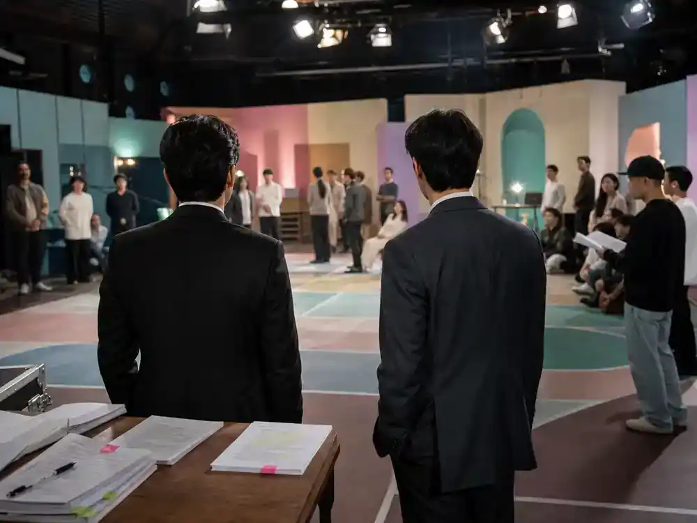 Squid Game cast and characters explained Sang-woo — two actor silhouettes from behind rehearsing tense dialogue on pastel geometric TV drama soundstage