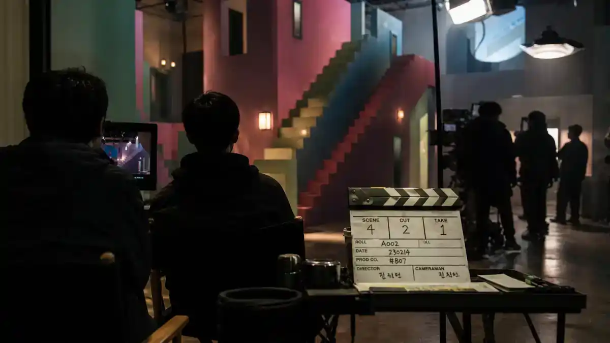 Squid Game season 2 behind the scenes facts — colorful geometric game set staircase with clapperboard, director chairs, and crew silhouettes on Korean TV drama production soundstage