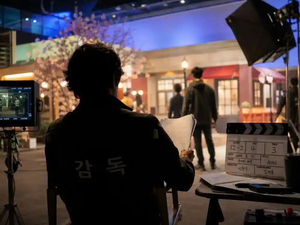 Squid Game season 2 behind the scenes facts Hwang Dong-hyuk — director silhouette from behind reviewing script on director chair on colorful TV drama soundstage with clapperboard