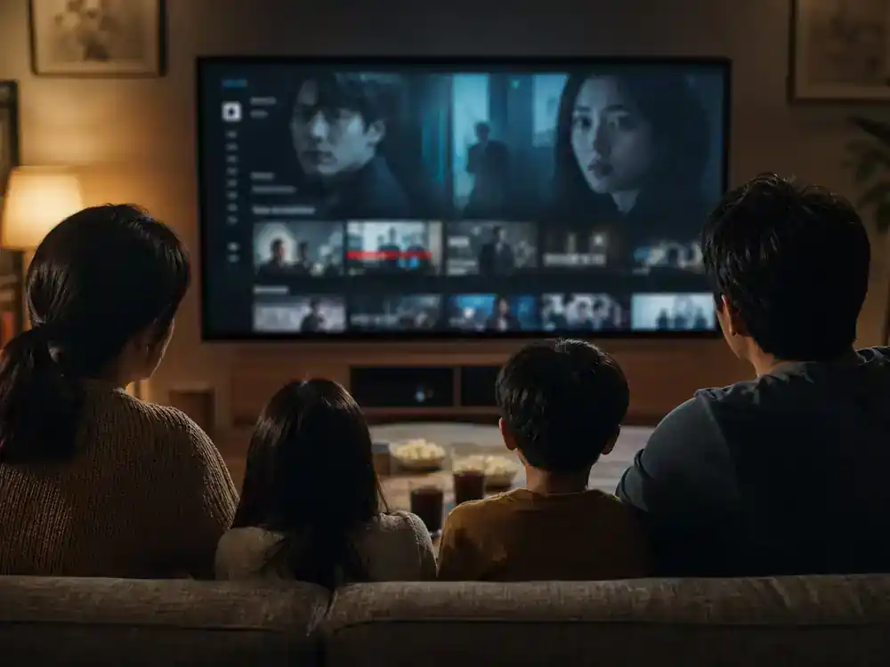 Squid Game season 2 behind the scenes facts Netflix release — family silhouettes watching Korean thriller TV on living room screen with generic blurred streaming interface