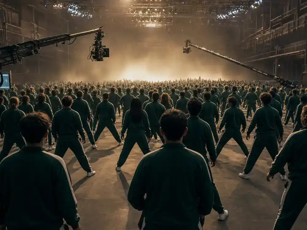 Squid Game season 2 behind the scenes facts Six-Legged Race — hundreds of cast silhouettes in matching tracksuits from behind during coordinated group scene rehearsal on enclosed dusty set