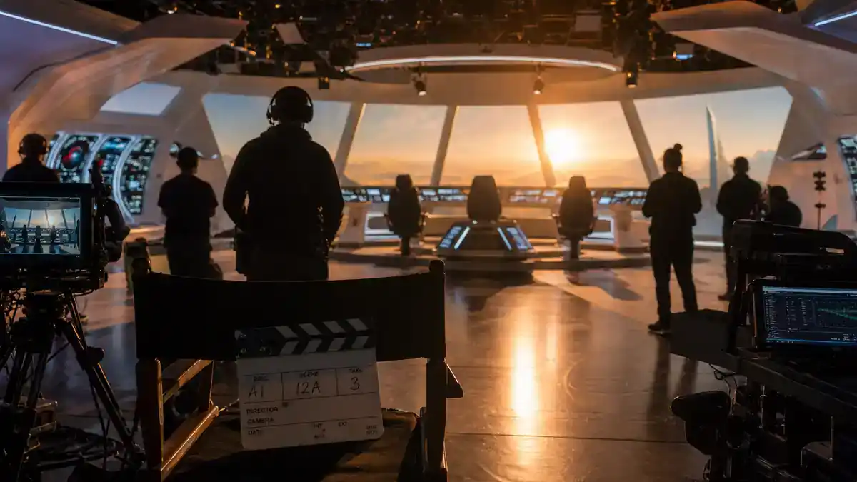 Star Trek universe 2026 shows and cast guide — sci-fi TV soundstage at dawn with crew silhouettes, clapperboard, and director chairs, editorial production reference
