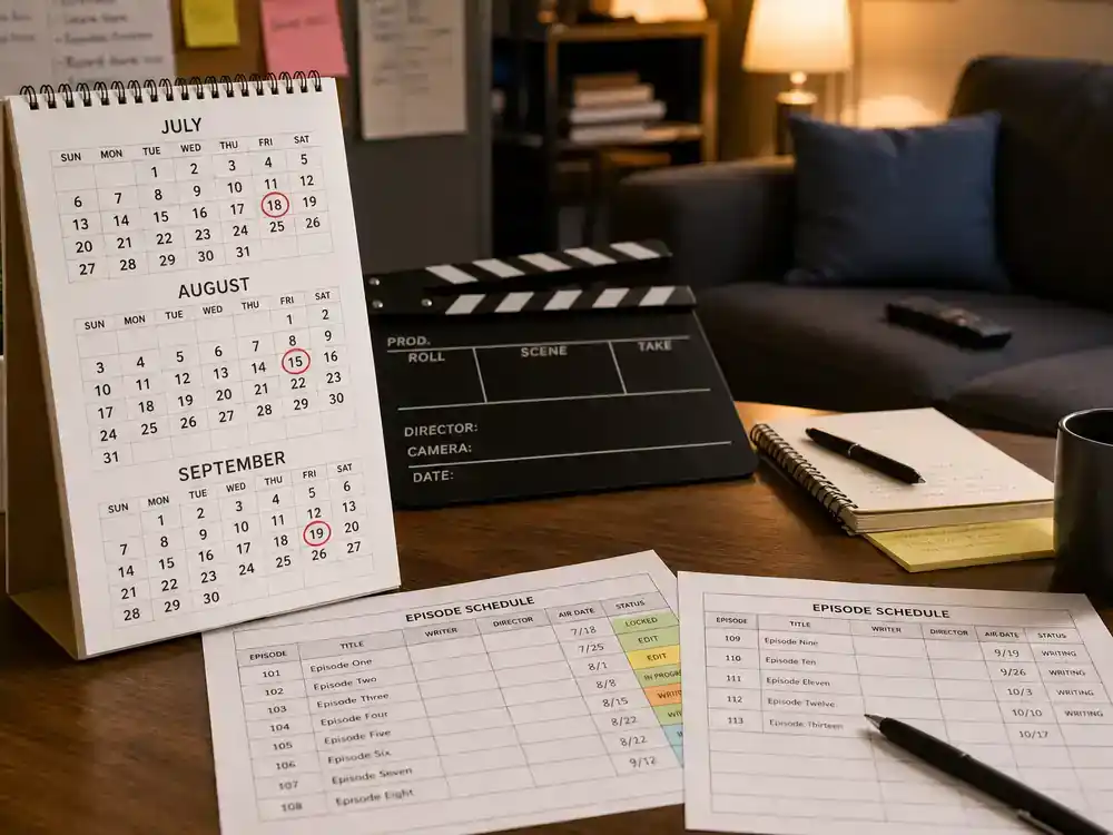 Star Trek universe 2026 shows and cast guide release schedule — production office calendar with July through September circled dates, clapperboard, and episode printouts