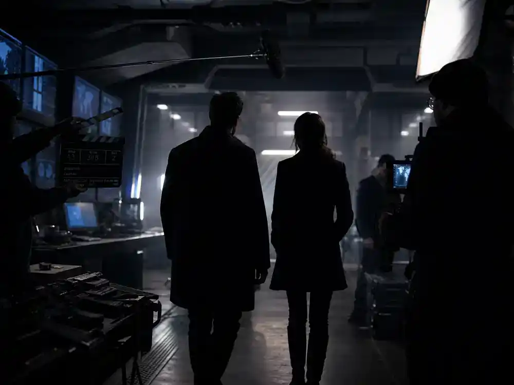 Star Trek universe 2026 shows and cast guide Section 31 — actor silhouettes from behind in shadowy espionage corridor on sci-fi film set with tactical monitors