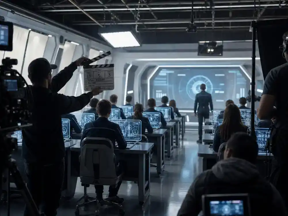 Star Trek universe 2026 shows and cast guide Starfleet Academy — cadet silhouettes from behind at futuristic classroom desks on young-adult sci-fi TV production set