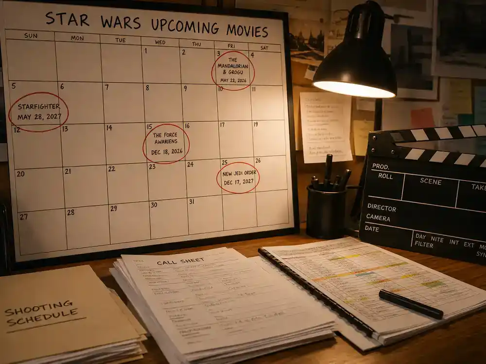 Star Wars upcoming movies and cast guide release calendar — production office desk with circled dates, clapperboard, and shooting schedule printouts