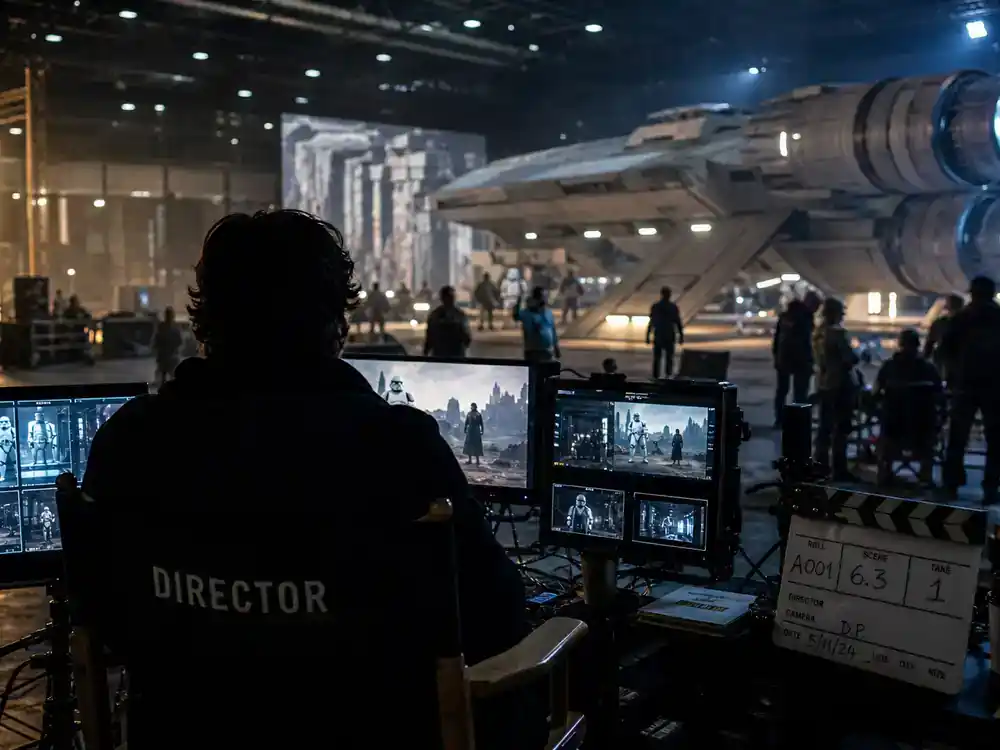 Star Wars upcoming movies and cast guide Shawn Levy — director silhouette from behind in director chair viewing monitors on blockbuster sci-fi film set
