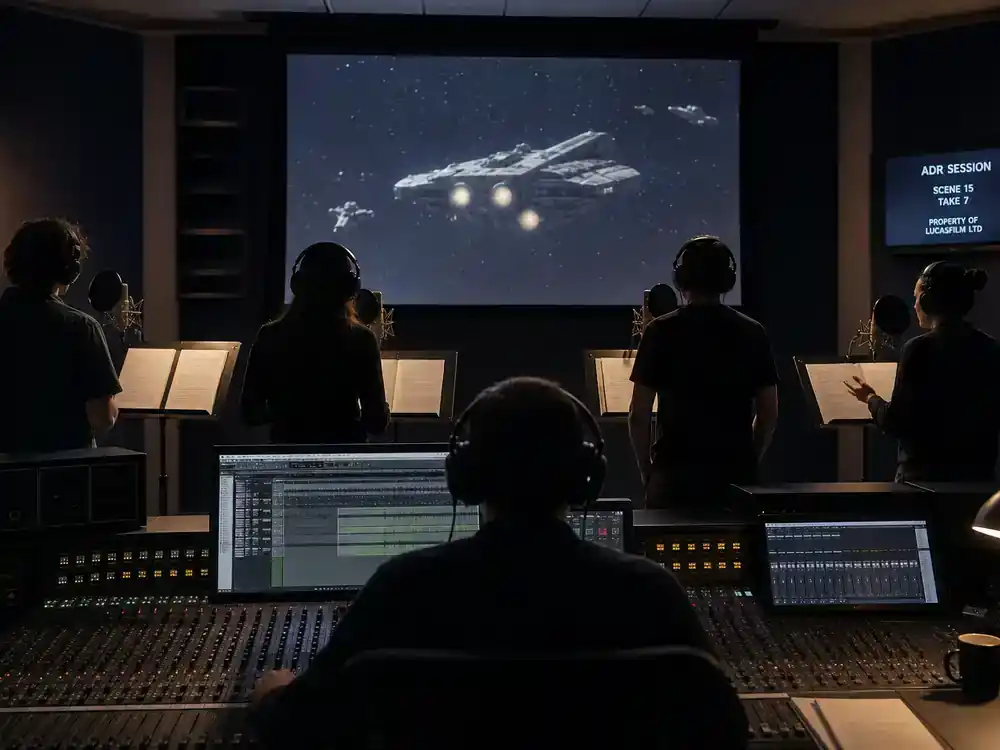 Star Wars upcoming movies and cast guide voice cast — actor silhouettes from behind in ADR studio with microphones and mixing engineer at console