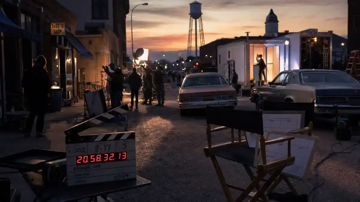 Stranger Things season 5 cast and characters guide — small-town street film set at dusk with production trucks, clapperboard, and director chairs, editorial TV finale reference