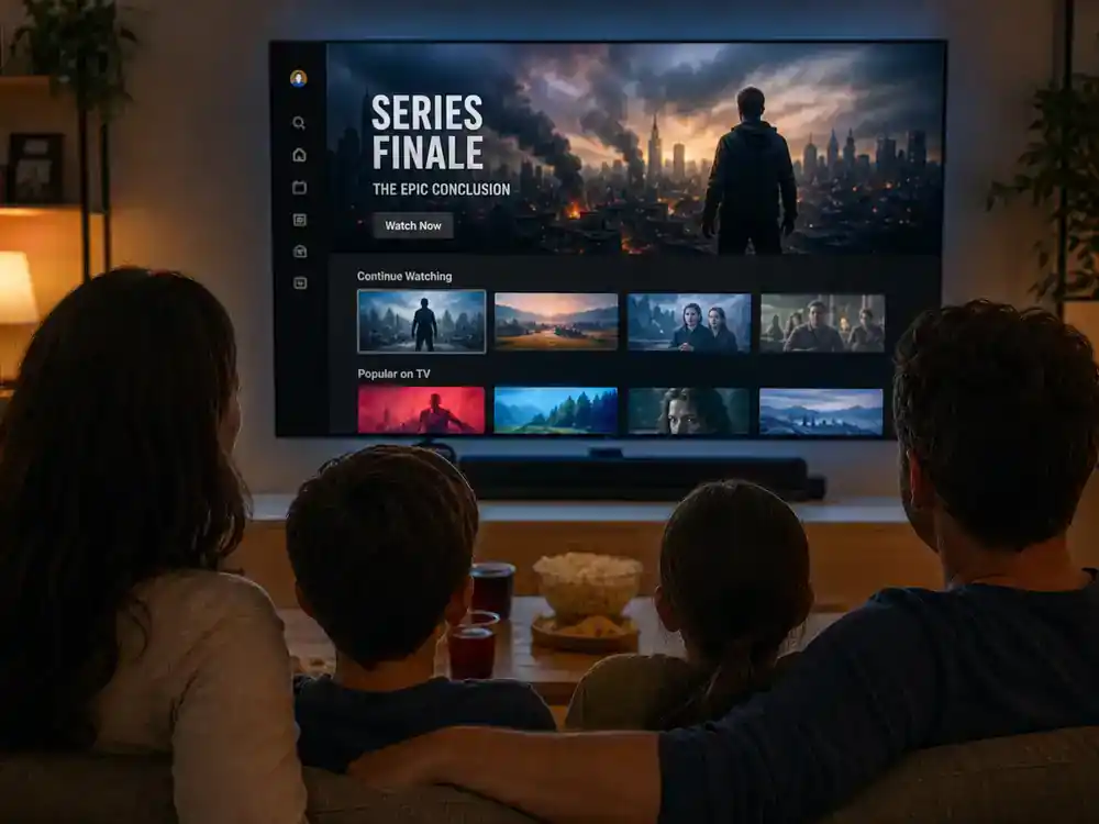 Stranger Things season 5 cast and characters guide Netflix finale — family silhouettes watching dramatic TV finale on living room screen from behind, binge-watch reference