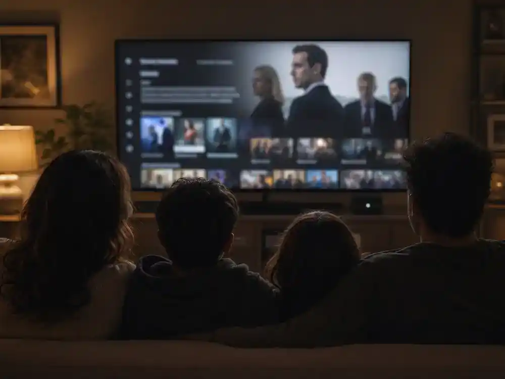 Succession cast and characters guide HBO streaming — family silhouettes watching prestige TV drama on living room screen with generic blurred streaming interface