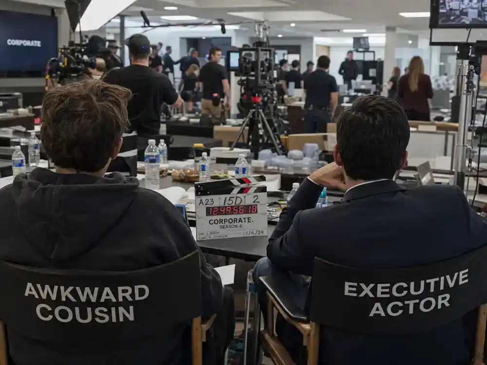 Succession cast and characters guide Tom and Greg — supporting actor silhouettes from behind at chaotic corporate office TV drama film set