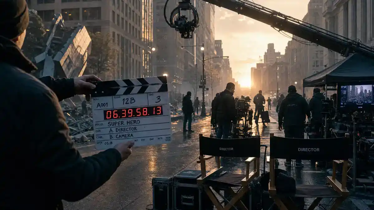 Superman 2026 movie cast and characters guide — Hollywood superhero film crew on city street with clapperboard and director chairs, editorial production reference