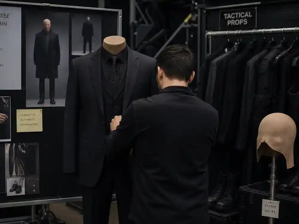 Superman 2026 movie cast and characters guide Lex Luthor — villain wardrobe rack with business suit and props on film set, no faces visible