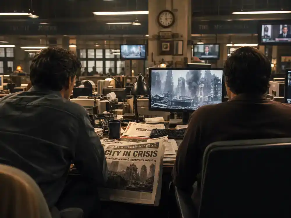 Superman 2026 movie cast and characters guide Lois Lane — two actor silhouettes at newsroom film set desk, faces turned away from camera