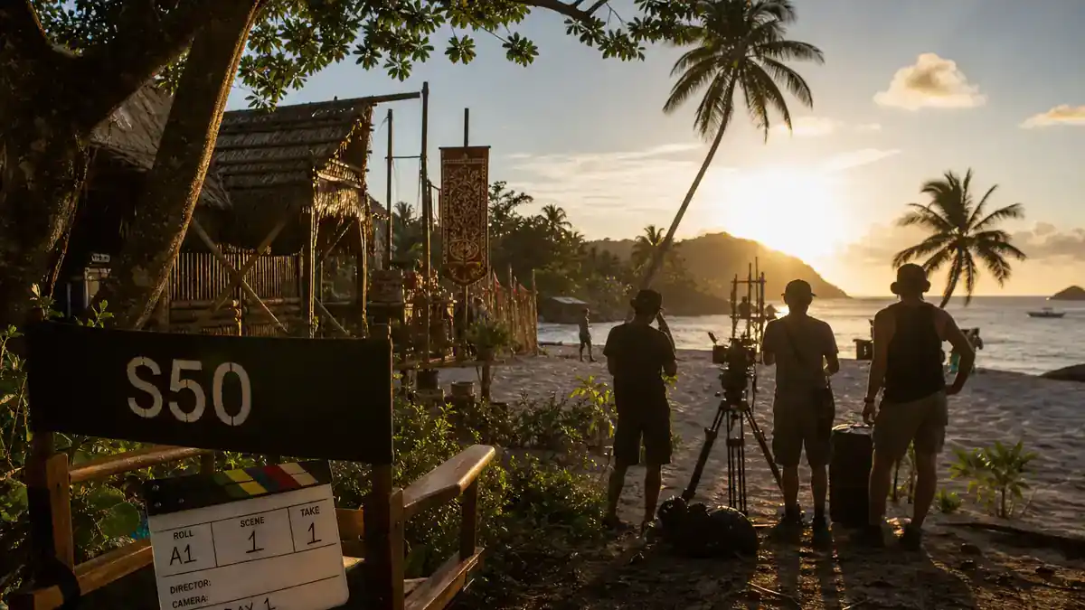 Survivor 50 cast and season preview guide — tropical Fiji reality TV production set with bamboo camp, camera crew silhouettes, clapperboard on director chair