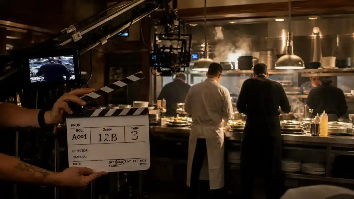 The Bear season 4 cast and kitchen guide — restaurant kitchen TV drama film set at night with camera crane clapperboard and chef crew silhouettes at stainless pass