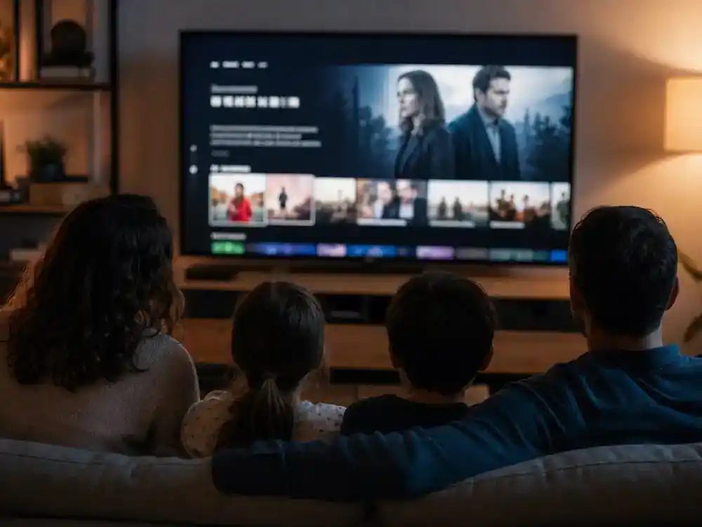 The Bear season 4 cast and kitchen guide streaming — family silhouettes watching restaurant TV drama on living room flat screen with generic blurred streaming interface