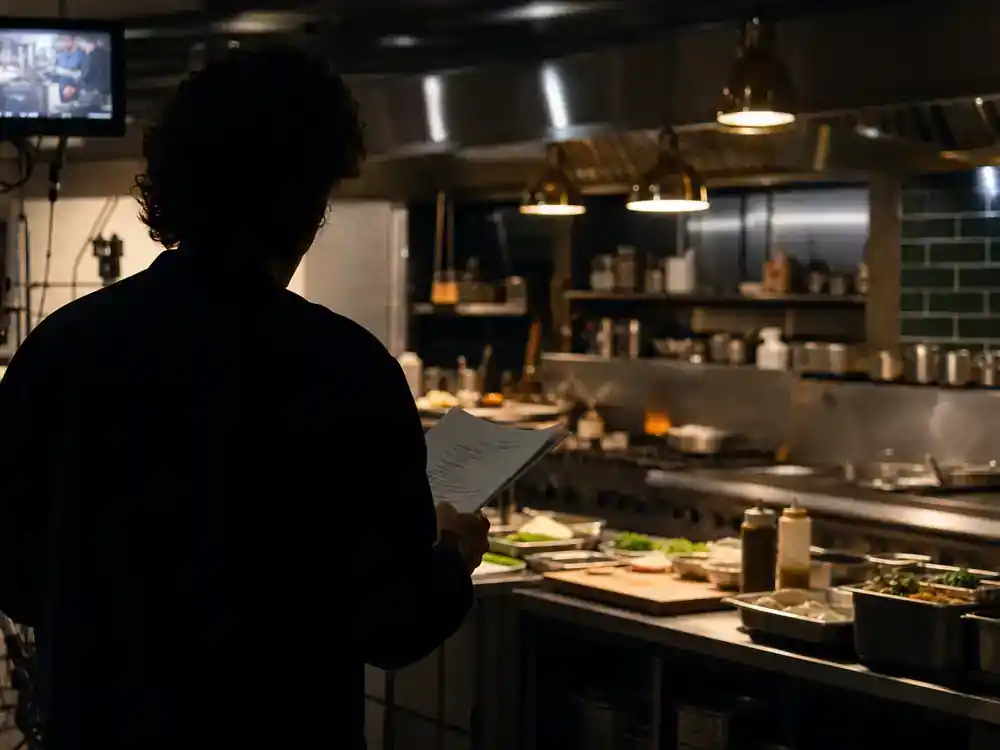 The Bear season 4 cast and kitchen guide Sydney — chef actor silhouette rehearsing on restaurant kitchen TV drama set with script pages and warm lights