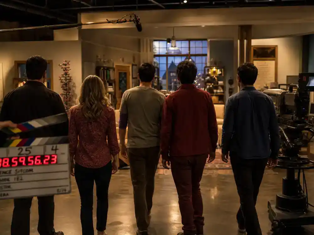 The Big Bang Theory cast net worth 2026 ranked ensemble — five TV sitcom actor silhouettes from behind walking onto science-themed apartment soundstage set with clapperboard and warm lighting