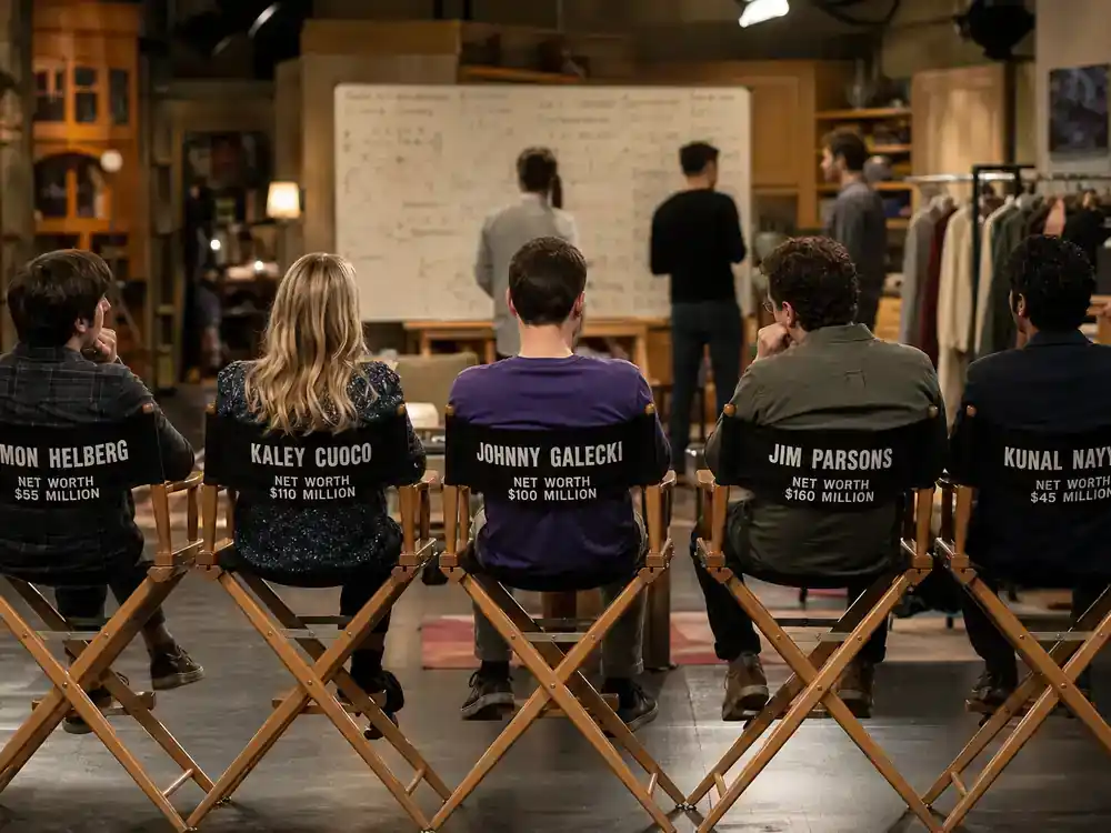 The Big Bang Theory cast net worth 2026 ranked ensemble — five director chairs in a row on TV sitcom soundstage with physics whiteboard props and rehearsing actor silhouettes