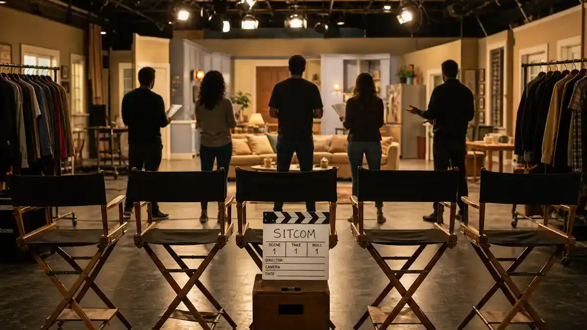 The Big Bang Theory cast net worth 2026 ranked — CBS sitcom TV studio soundstage with director chairs clapperboard and crew silhouettes under warm studio lights