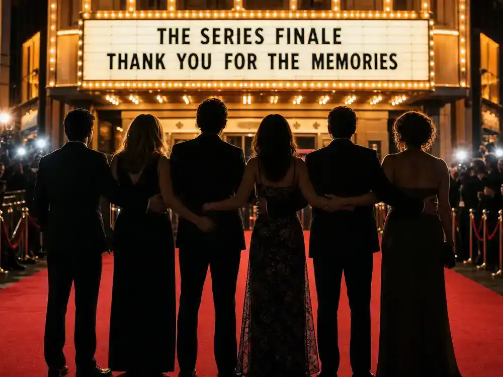 The Big Bang Theory cast net worth 2026 ranked premiere — TV sitcom ensemble cast silhouettes from behind on red carpet at series finale night with theater marquee glow