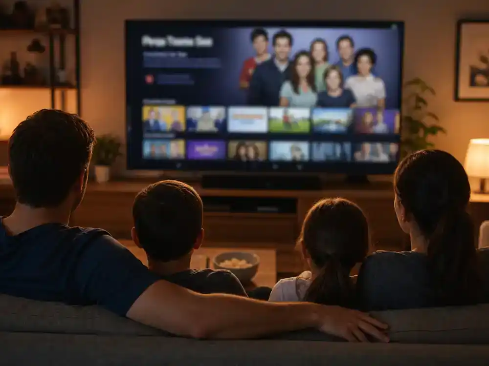 The Big Bang Theory cast net worth 2026 ranked streaming — family silhouettes watching classic sitcom reruns on living room TV with generic blurred streaming interface