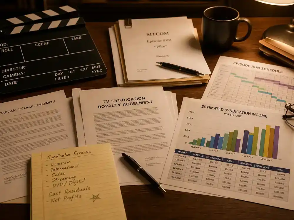 The Big Bang Theory cast net worth 2026 ranked syndication — broadcast royalty contracts reruns schedule and sitcom clapperboard on producer desk with warm office lighting