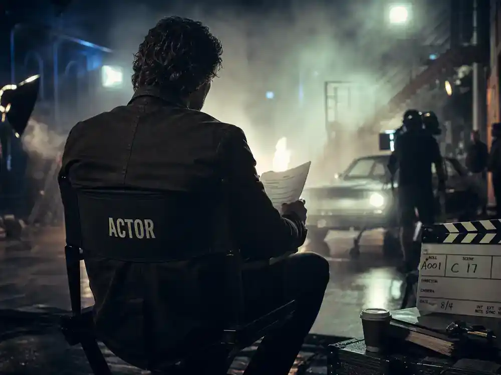 The Boys season 5 cast and characters guide Butcher — lead actor silhouette from behind on TV drama set with director chair and clapperboard