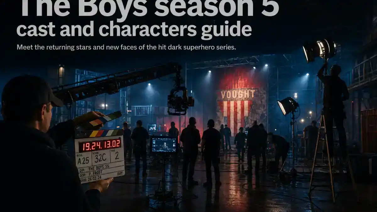The Boys season 5 cast and characters guide — dark superhero TV drama film set at night with camera crane clapperboard and crew silhouettes on warehouse soundstage
