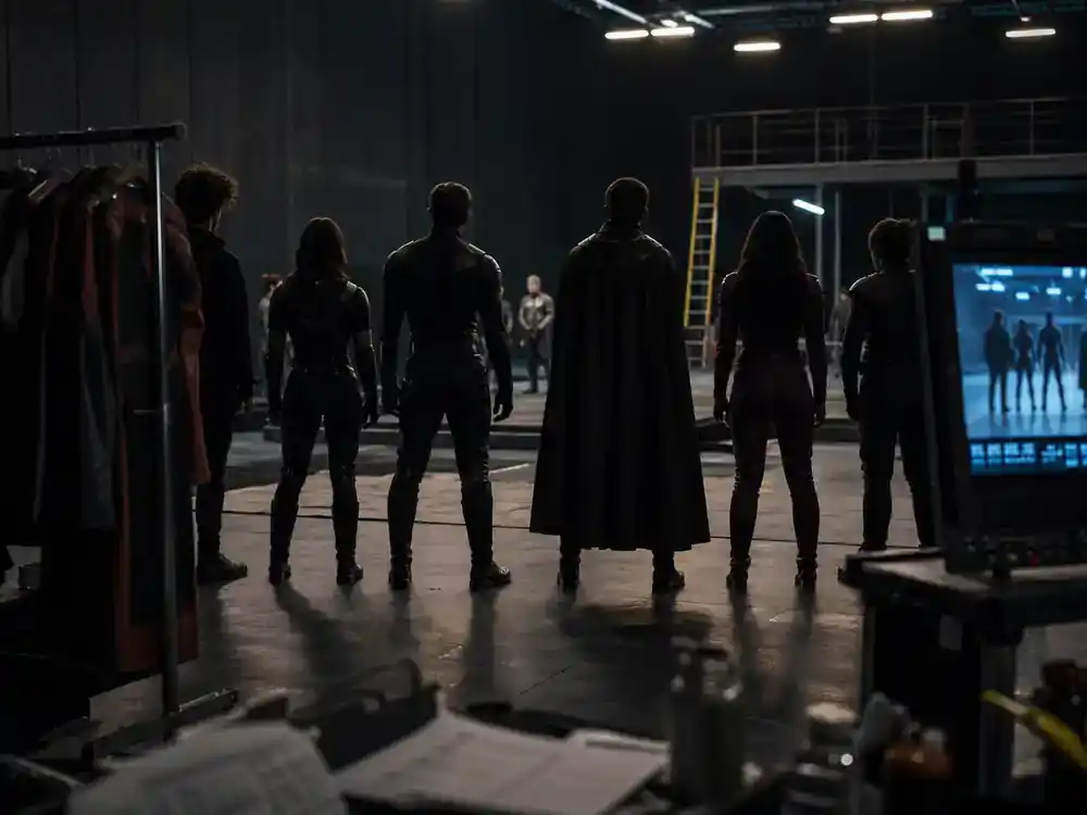 The Boys season 5 cast and characters guide Homelander — antagonist actor silhouette from behind on industrial TV drama film set with dramatic lighting