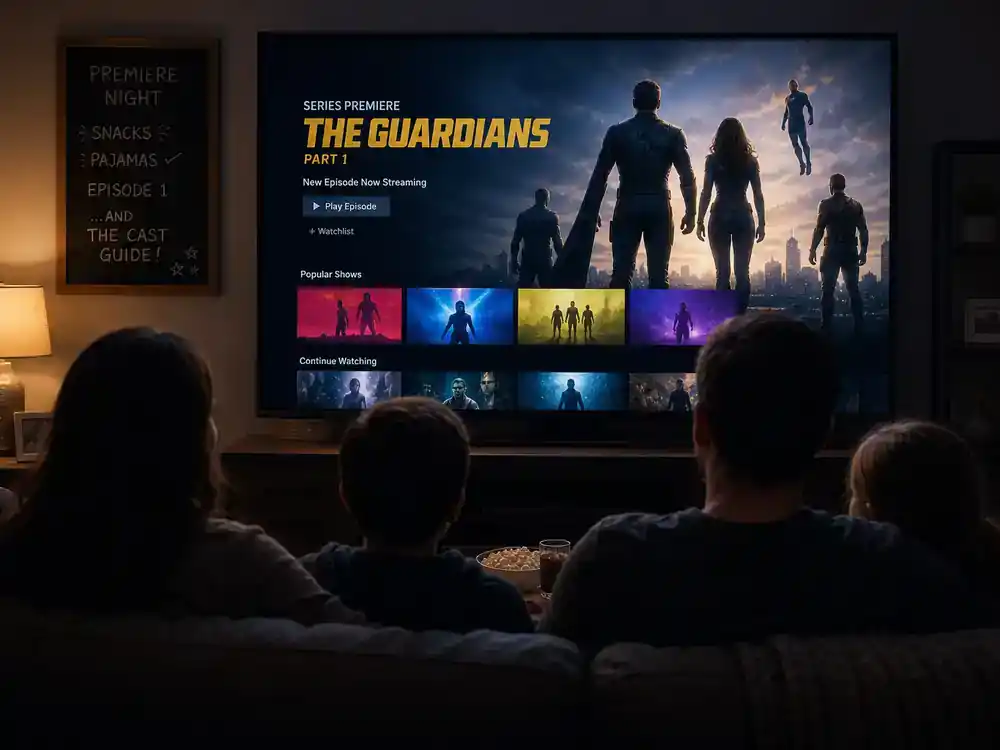 The Boys season 5 cast and characters guide Prime Video — family silhouettes watching superhero TV drama on living room flat screen with generic blurred streaming interface