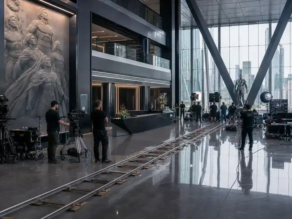 The Boys season 5 cast and characters guide Vought — corporate TV drama boardroom film set with crew silhouettes and production monitors