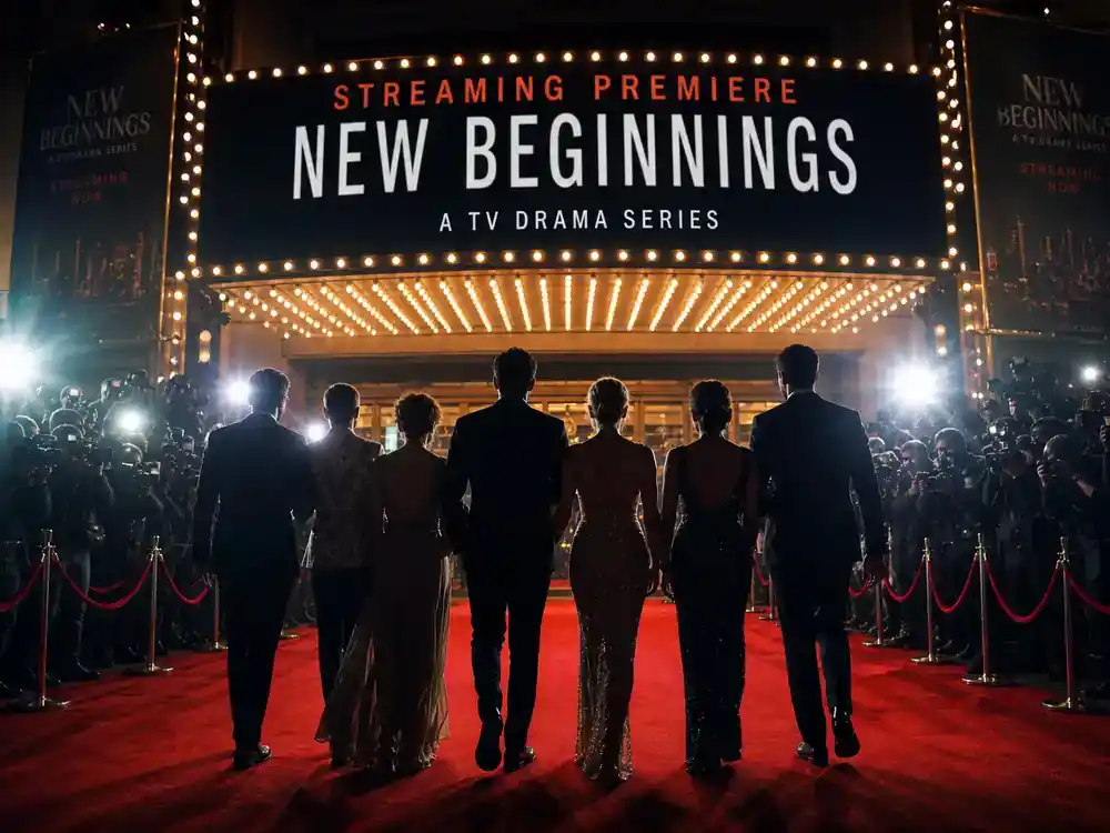 The Crown cast vs real royals guide Netflix premiere — cast silhouettes from behind walking red carpet toward theater with photographers at evening event