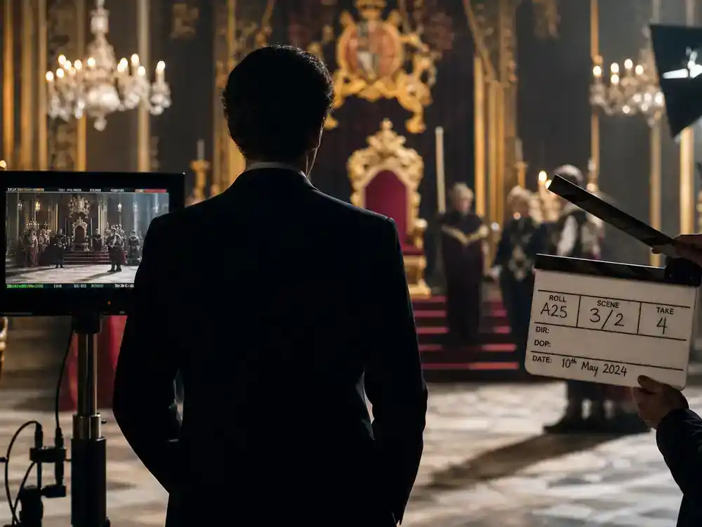 The Crown cast vs real royals guide Prince Charles cast — actor silhouette from behind in formal suit on British throne room drama soundstage